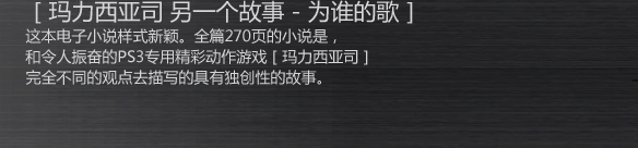 ［玛力西亚司 另一个故事－为谁的歌］
这本电子小说样式新颖。全篇270页的小说是，和令人振奋的PS3专用精彩动作游戏［玛力西亚司］完全不同的观点去描写的具有独创性的故事。
