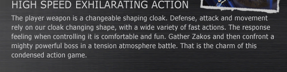 HIGH SPEED EXHILARATING ACTION
The player weapon is a changeable shaping cloak. Defense, attack and movement rely on our cloak changing shape, with a wide variety of fast actions. The response feeling when controlling it is comfortable and fun. Gather Zakos and then confront a mighty powerful boss in a tension atmosphere battle. That is the charm of this condensed action game.